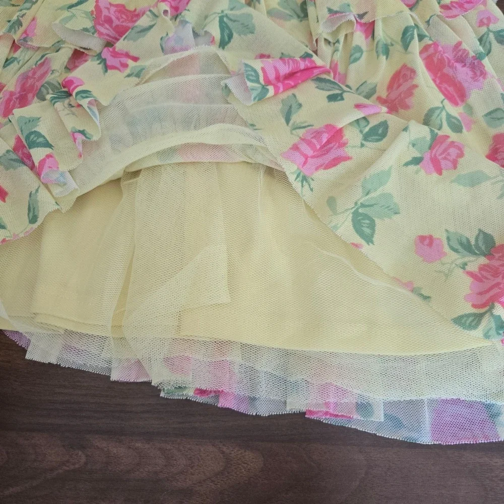 Betsey Johnson Girls Yellow Pink Floral‎ Mesh Tiered Dress Flutter Sleeve 6X
